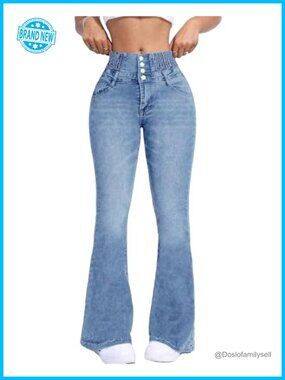 High Waisted Flare Jeans Button Fly Tummy Control Stretch Denim Pants